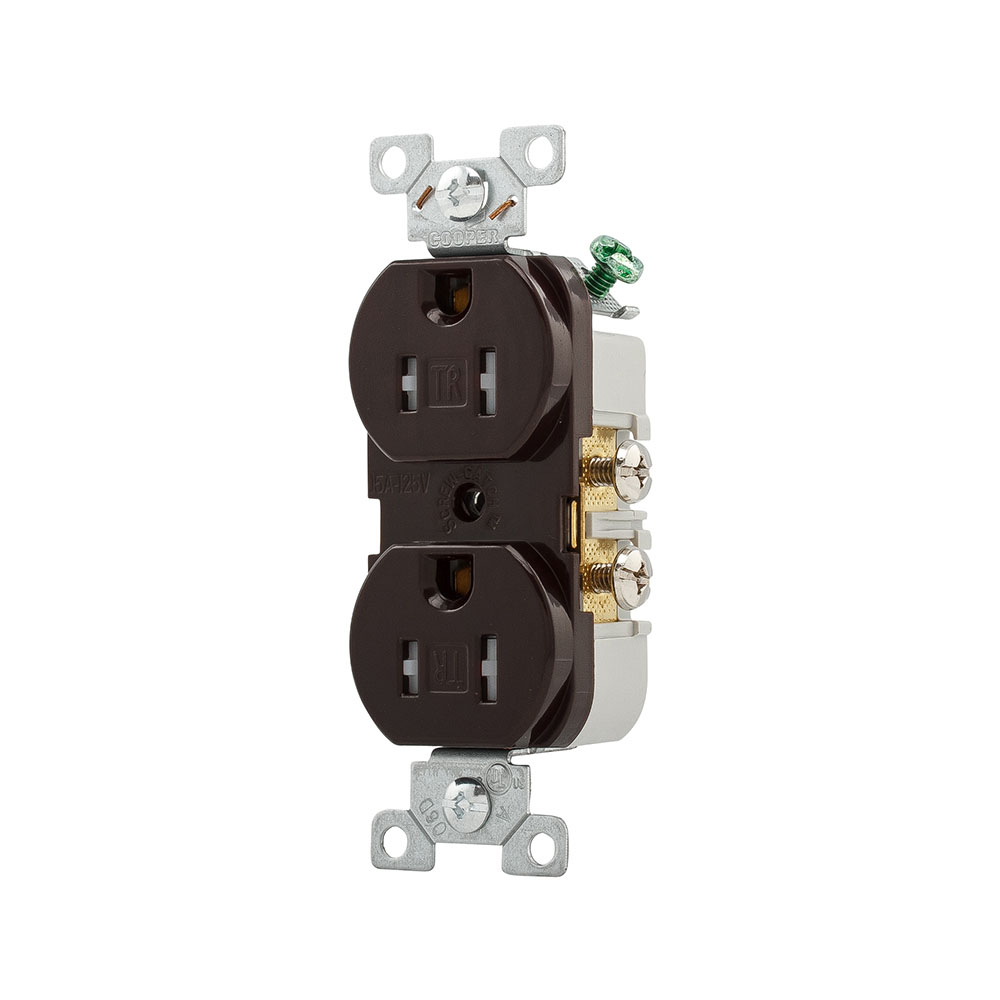Eaton commercial specification grade duplex receptacle, #14-10 AWG, 15A, Commercial, Flush, 125V, Side wire, Brown, Brass, Impact-resistant nylon face, PVC body, 5-15R, Duplex, Screw, PVC, Core pack