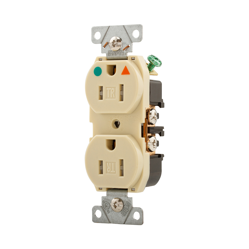 Eaton Arrow Hart extra heavy-duty hospital grade duplex receptacle,#14-10 AWG,15A,Healthcare,Flush,125V,Back and side,Gray,Brass,Impact-resistant nylon face,Glass-filled nylon base,5-15R,Duplex,Screw,Glass-filled nylon,Core pack