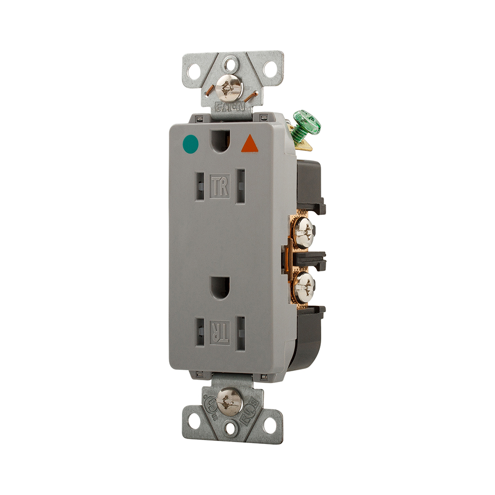 Eaton Arrow Hart extra heavy-duty hospital grade decorator duplex receptacle,#14-10 AWG,15A,Healthcare,Flush,125V,Back and side,Gray,Brass,Impact-resistant nylon face,Glass-filled nylon base,5-15R,Duplex,Screw,Glass-filled nylon,Core pack