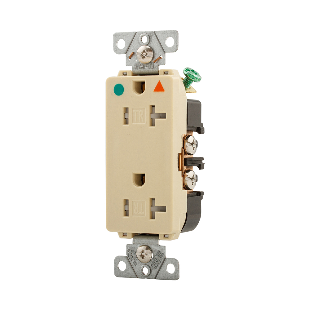 Eaton Arrow Hart extra heavy-duty hospital grade decorator duplex receptacle,#14-10 AWG,20A,Healthcare,Flush,125V,Back and side,Orange,Brass,Impact-resistant nylon face,Glass-filled nylon base,5-20R,Duplex,Screw,Glass-filled nylon,Core pack