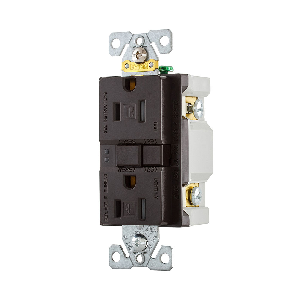 Eaton GFCI receptacle,Tamper resistant,Self-test,#14 - 10 AWG,15A,Residential,Commercial,Flush,125 V,GFCI,Back and side wire,Brown,Brass,Receptacle,Tamper resistant,Polycarbonate,5-15R,Two-pole,Three-wire,Two-pole, three-wire, grounding