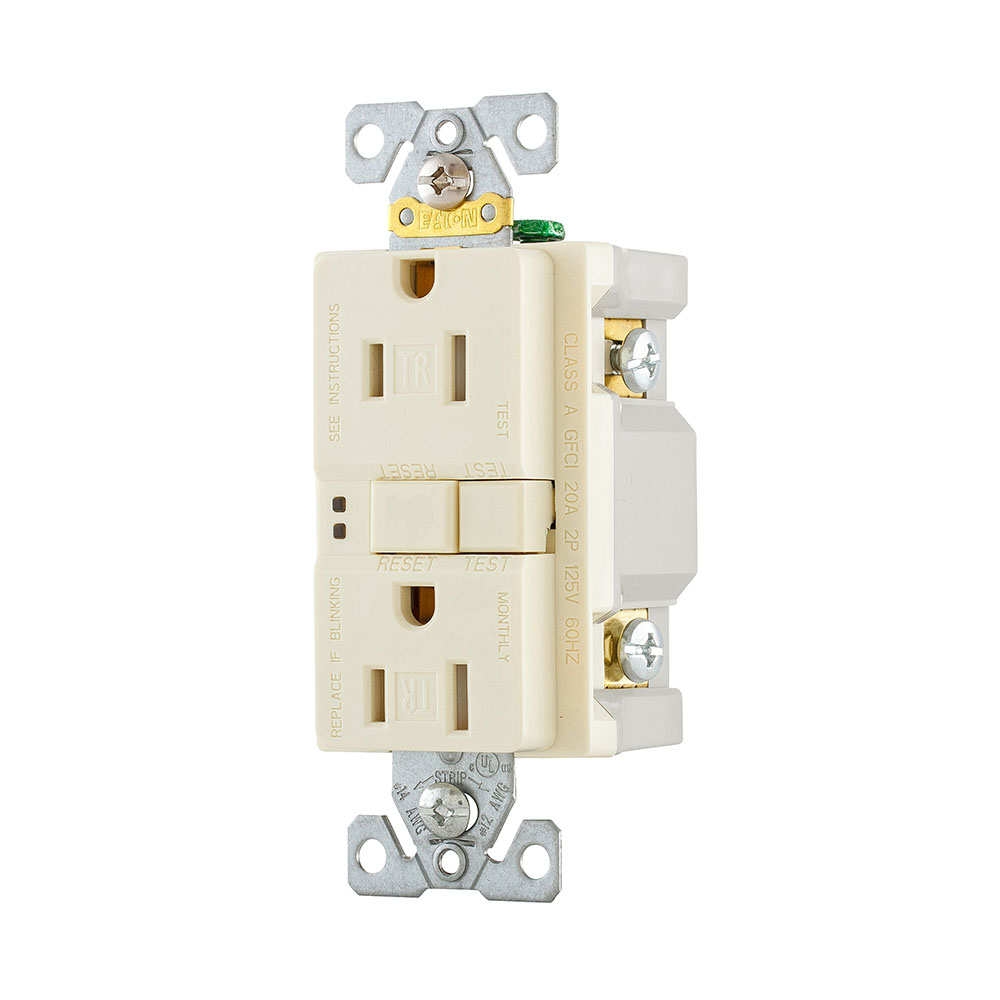 Eaton GFCI receptacle,Tamper resistant,Self-test,#14 - 10 AWG,15A,Residential,Commercial,Flush,125 V,Back and side wire,Light almond,Brass,Tamper resistant,Polycarbonate,5-15R,Two-pole,Three-wire,Two-pole, three-wire, grounding