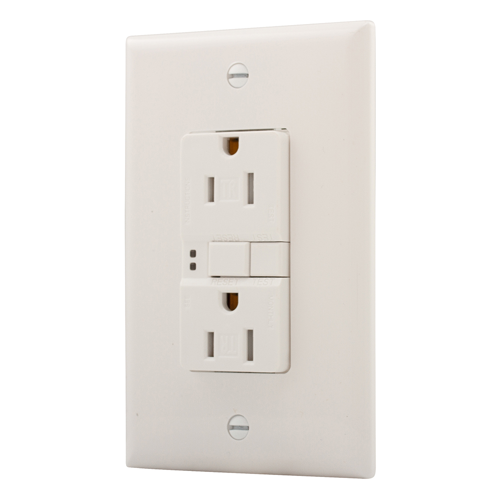Eaton ground fault circuit interrupter receptacle, 15A, 125V, Back wire and side wire, GFCI, White, Brass, Receptacle, Tamper resistant, PVC, 5-15R, Two-pole, three-wire, grounding