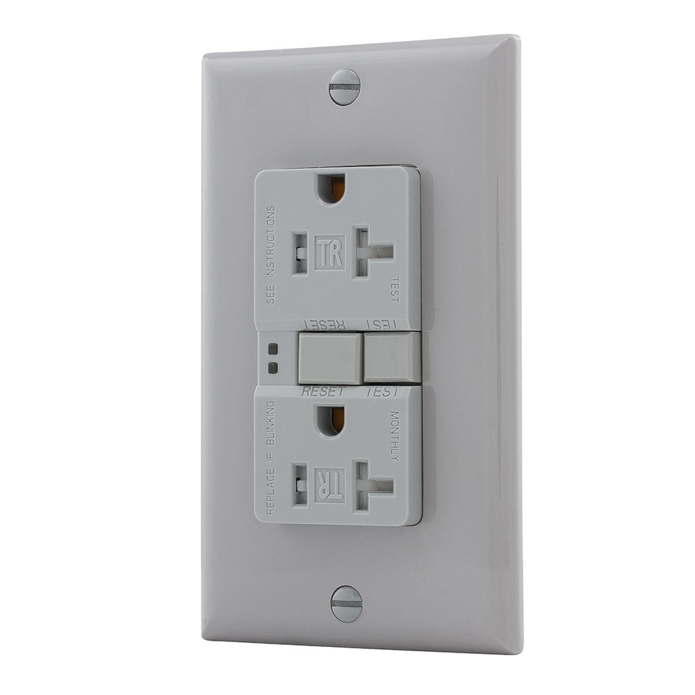 Eaton GFCI receptacle,Tamper resistant,Self-test,#14 - 10 AWG,20A,Residential,Commercial,Flush,125 V,GFCI,Back and side wire,Gray,Brass,Receptacle,Tamper resistant,Polycarbonate,5-20R,Two-pole, three-wire, grounding