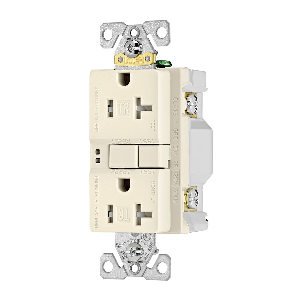 Eaton GFCI receptacle,Tamper resistant,Self-test,#14 - 10 AWG,20A,Residential,Commercial,Flush,125 V,GFCI,Back and side wire,Light almond,Brass,Receptacle,Tamper resistant,Polycarbonate,5-20R,Two-pole, three-wire, grounding