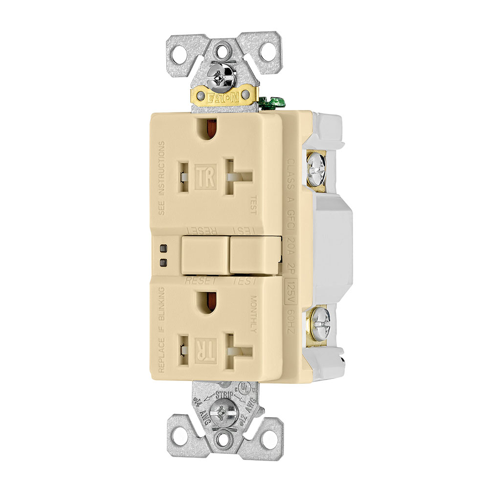 Eaton GFCI receptacle,Tamper resistant,Self-test,#14 - 10 AWG,20A,Residential,Commercial,Flush,125 V,GFCI,Back and side wire,Ivory,Brass,Receptacle,Tamper resistant,Polycarbonate,5-20R,Two-pole, three-wire, grounding