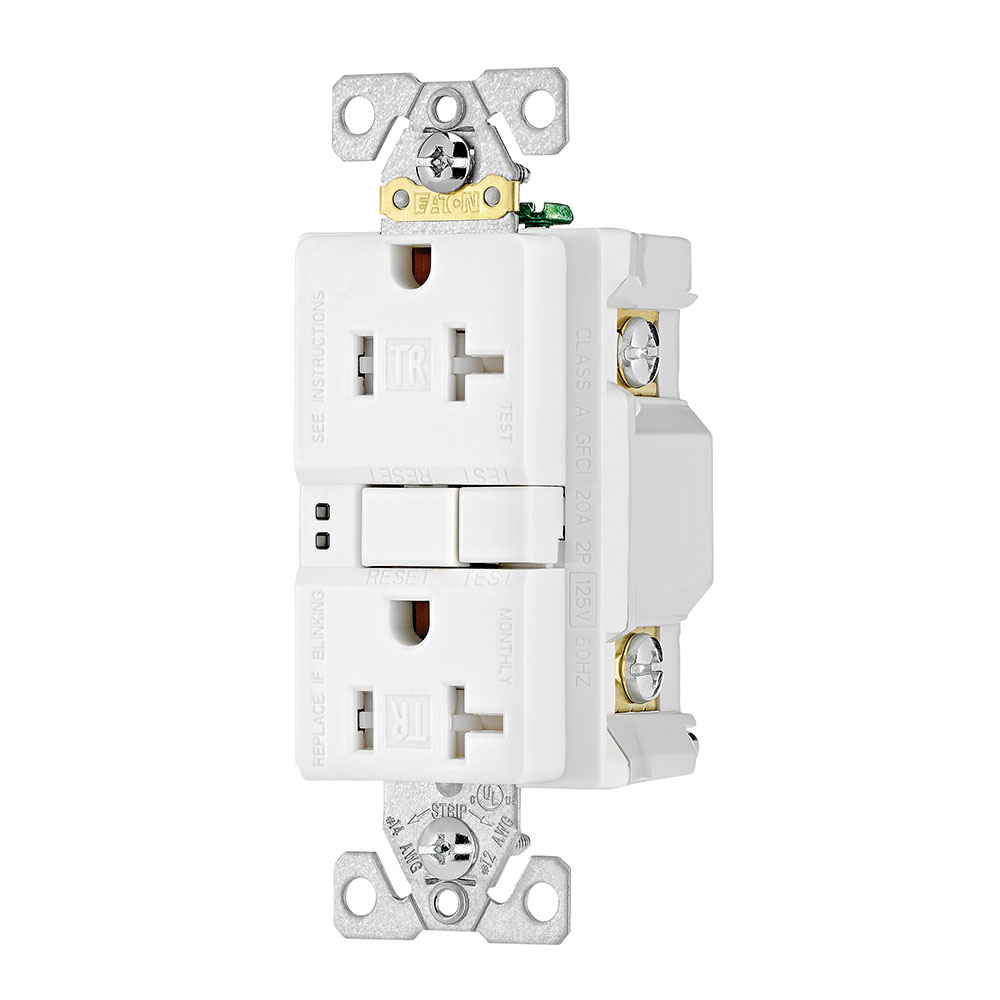 Eaton GFCI receptacle,Tamper resistant,Self-test,#14 - 10 AWG,20A,Residential,Commercial,Flush,125 V,GFCI,Back and side wire,White,Brass,Receptacle,Tamper resistant,Polycarbonate,5-20R,Two-pole, three-wire, grounding