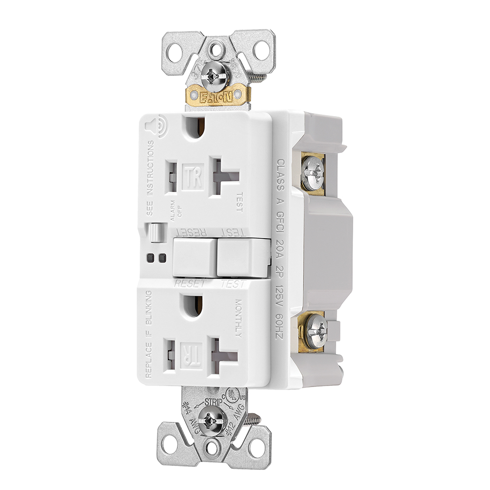 Eaton GFCI receptacle,Audible alarm,Tamper resistant,Self-test,#14 - 10 AWG,20A,Residential,Commercial,Flush,125 V,GFCI,Back and side wire,White,Brass,Receptacle,Tamper resistant,Polycarbonate,5-20R,Two-pole, three-wire, grounding