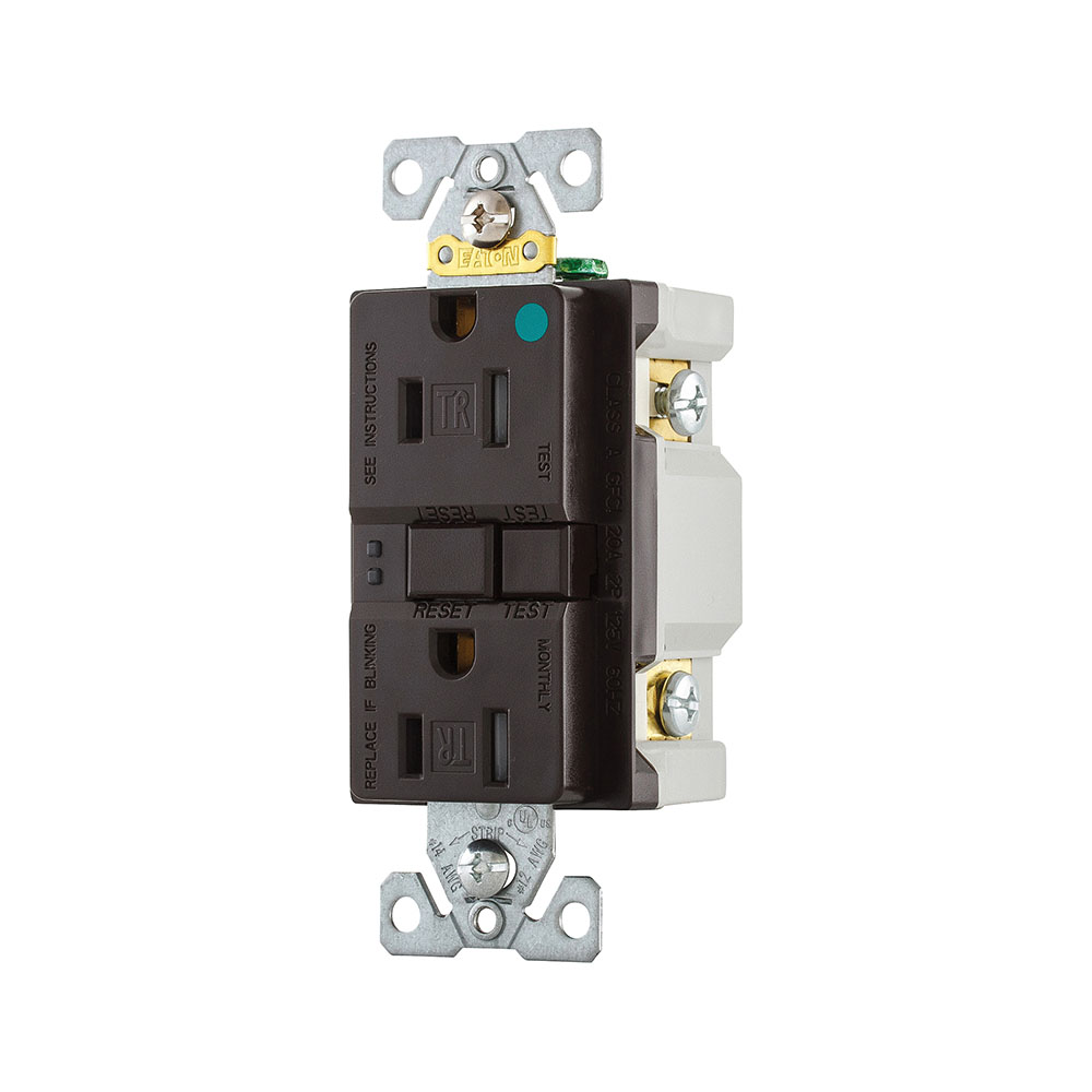 Eaton hospital grade GFCI receptacle,NAFTA compliant,Tamper resistant,Self-test,#14 - 10 AWG,15A,Residential,Commercial,Flush,125 V,GFCI,Back and side wire,Brown,Brass,Receptacle,Tamper resistant,Nylon,5-15R,Two-pole, three-wire, grounding