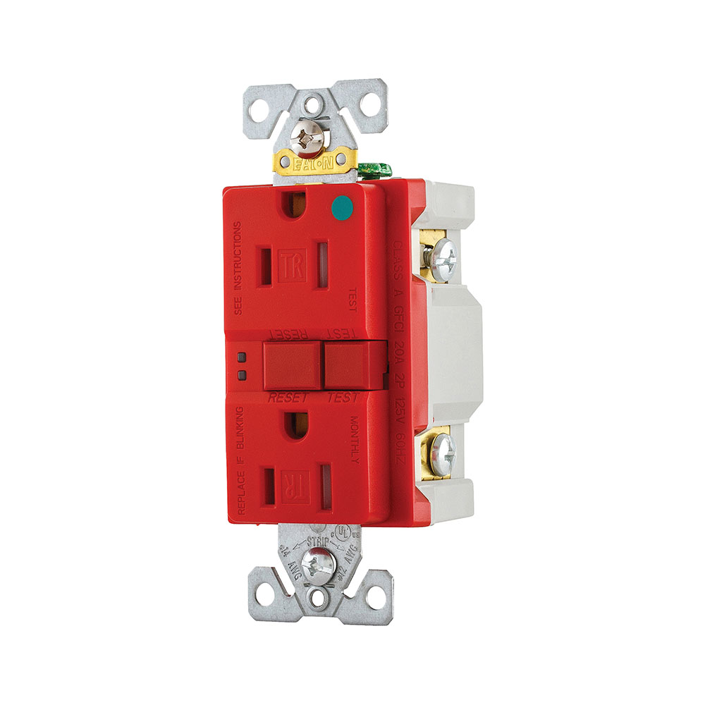 Eaton hospital grade GFCI receptacle,NAFTA compliant,Tamper resistant,Self-test,#14 - 10 AWG,15A,Residential,Commercial,Flush,125 V,GFCI,Back and side wire,Red,Brass,Receptacle,Tamper resistant,Nylon,5-15R,Two-pole, three-wire, grounding