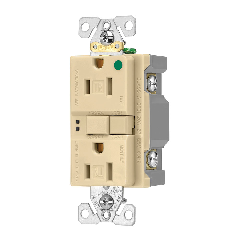 Eaton hospital grade GFCI receptacle,NAFTA compliant,Tamper resistant,Self-test,#14 - 10 AWG,15A,Residential,Commercial,Flush,125 V,GFCI,Back and side wire,Ivory,Brass,Receptacle,Tamper resistant,Nylon,5-15R,Two-pole, three-wire, grounding