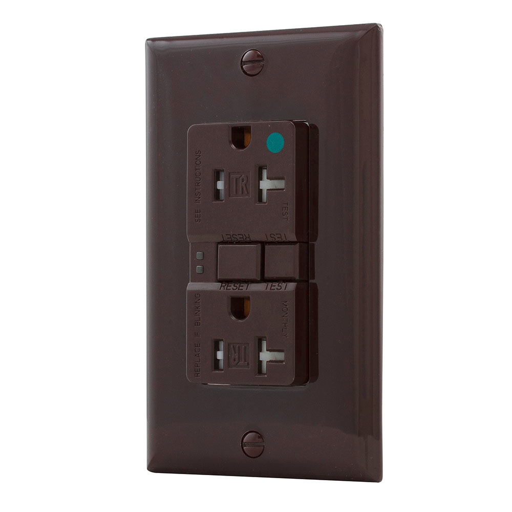 Eaton hospital grade GFCI receptacle,NAFTA compliant,Tamper resistant,Self-test,#14 - 10 AWG,20A,Residential,Commercial,Flush,125 V,GFCI,Back and side wire,Brown,Brass,Receptacle,Tamper resistant,Nylon,5-20R,Two-pole, three-wire, grounding
