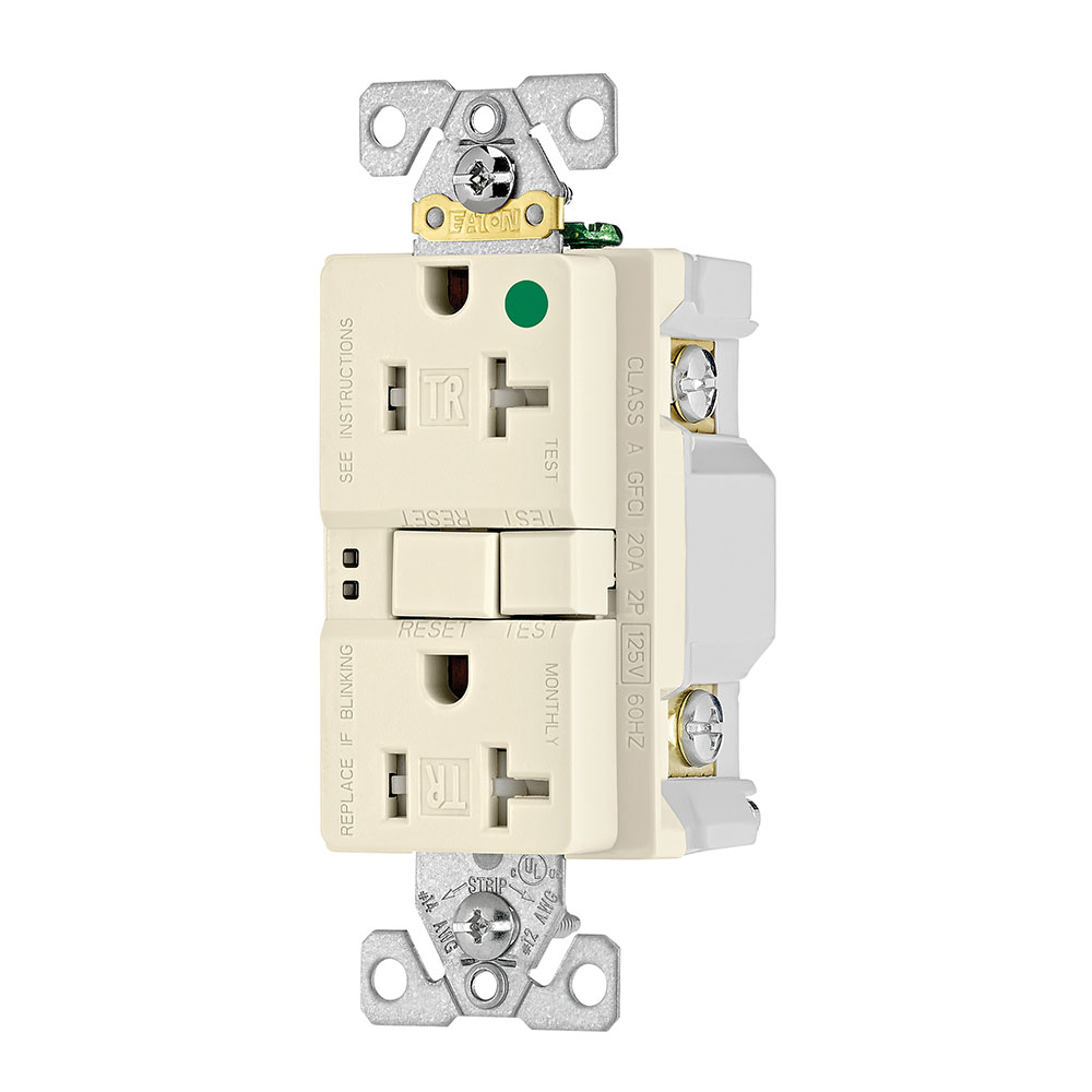 Eaton hospital grade GFCI receptacle,NAFTA compliant,Tamper resistant,Self-test,#14 - 10 AWG,20A,Residential,Commercial,Flush,125 V,Back and side wire,Light almond,Brass,Tamper resistant,Nylon,5-20R,Two-pole, three-wire, grounding