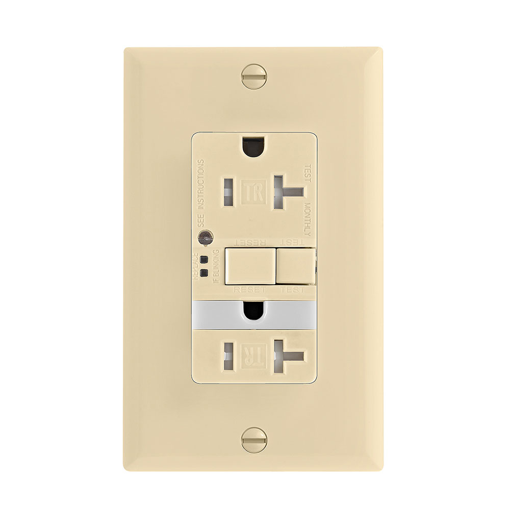 Eaton GFCI receptacle,Nightlight,Tamper resistant,Self-test,#14 - 10 AWG,20A,Residential,Commercial,Flush,125 V,GFCI,Back and side wire,Ivory,Night light,Brass,Receptacle,Tamper resistant,Polycarbonate,5-20R,Two-pole, three-wire, grounding