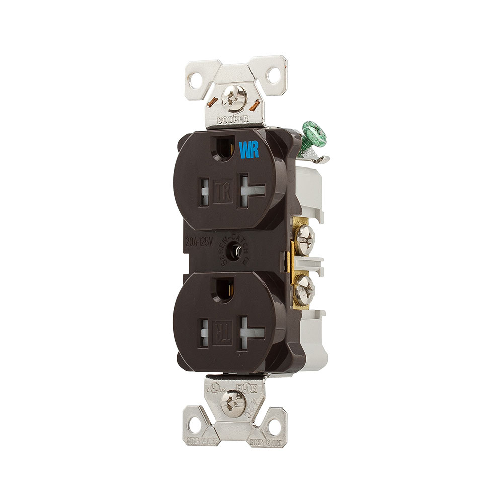 Eaton commercial specification grade duplex receptacle,#14-10 AWG,20A,Commercial,Flush,125V,Back and side,Brown,Nickel-plated brass,Weather resistant,Impact-resistant nylon face,Glass-filled nylon base,5-20R,Duplex,Screw,Nylon,Core pack