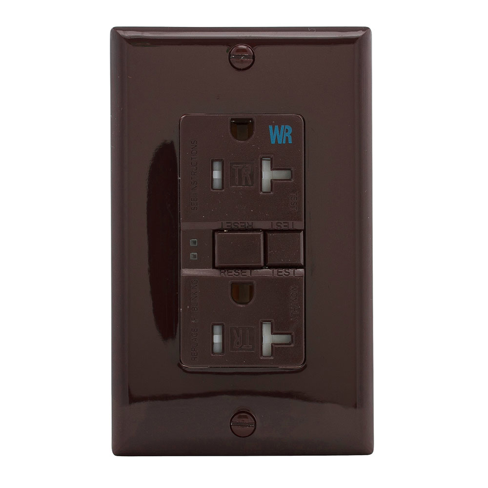 Eaton GFCI receptacle,Weather resistant,Tamper resistant,Self-test,#14 - 10 AWG,20A,Residential,Commercial,Flush,125 V,Back and side wire,Brown,Brass,Tamper and weather resistant,Polycarbonate,5-20R,Two-pole, three-wire, grounding