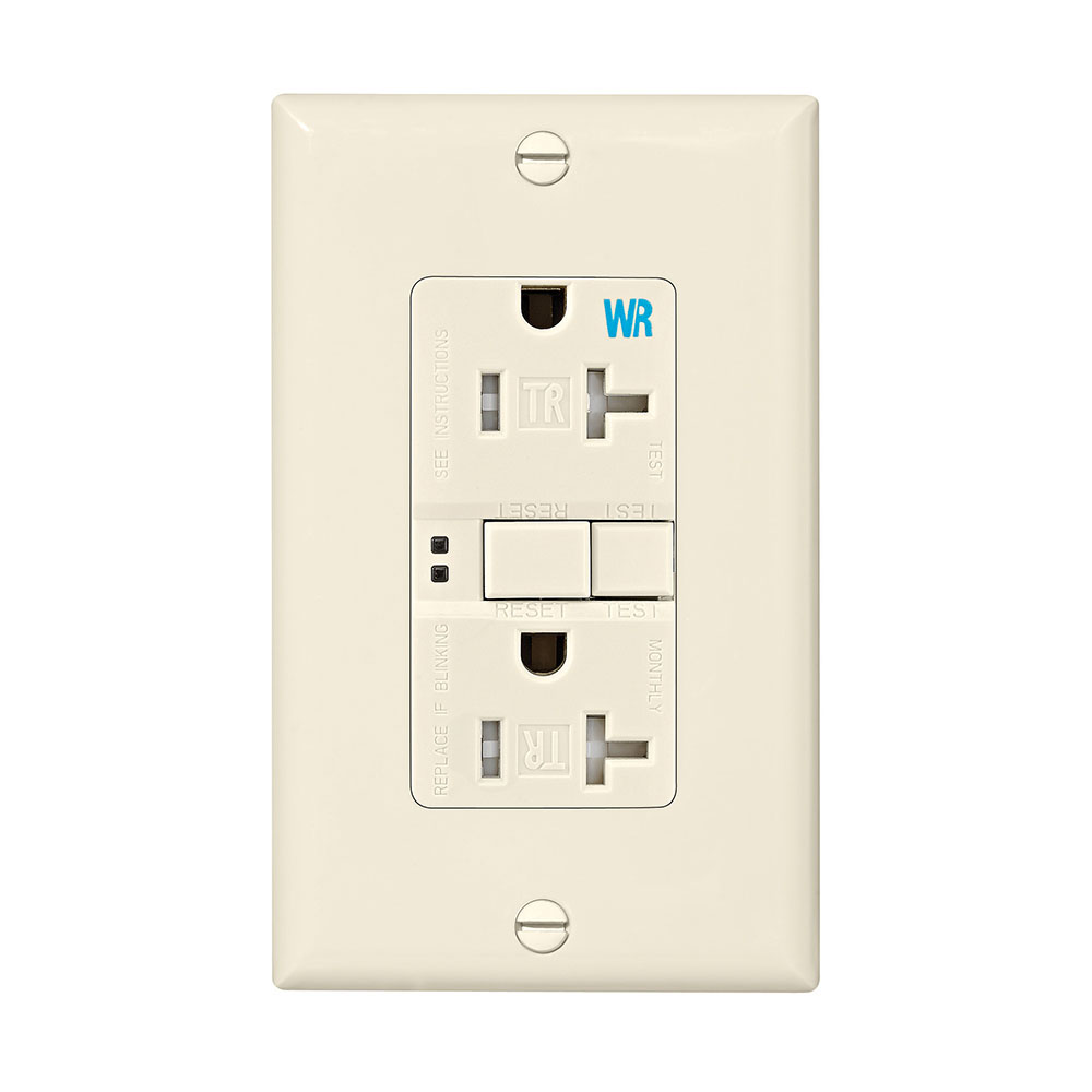 Eaton GFCI receptacle,Weather resistant,Tamper resistant,Self-test,#14 - 10 AWG,20A,Residential,Commercial,Flush,125 V,Back and side wire,Light almond,Brass,Tamper and weather resistant,Polycarbonate,5-20R,Two-pole, three-wire, grounding