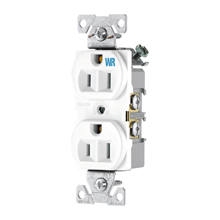 Eaton commercial specification grade duplex receptacle, #14-10 AWG, 15A, Commercial, Flush, 125V, Back and side, White, Brass, Weather resistant, Impact-resistant nylon face, Glass-filled nylon base, 5-15R, Duplex, Screw, Nylon, Core pack