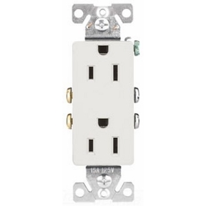 Eaton residential grade duplex receptacle, #14-10 AWG, 15A, Flush, 125V, Side and push, White, Brass, Indoor, Impact-resistant thermoplastic, 5-15R, Two-pole, Three-wire, Duplex, Screw, Thermoplastic,Auto-grounding
