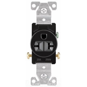 Eaton commercial specification grade single receptacle, #14-10 AWG, 20A, Commercial, Flush, 250V, Side wire, Black, Brass, Nylon face, PVC bottom, 6-20R, Single, Screw, PVC, Core pack