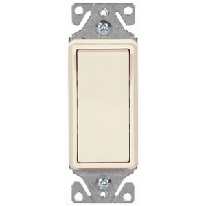 Eaton standard grade decorator switch, Lighted in off pos, box, #14-12 AWG, 15A, Flush, 120/277V, Back/push, Maintained, Light almond, Motor Control, Fan, LED, Incand, Florscnt, Halogen, Single-pole, Thermoplastic 627989