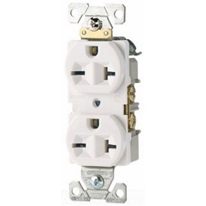 Eaton commercial specification grade duplex receptacle, #14-10 AWG, 20A, Commercial, Flush, 250V, Side wire, White, Brass, Nylon, 6-20R, Duplex, Screw, PVC, ED Box