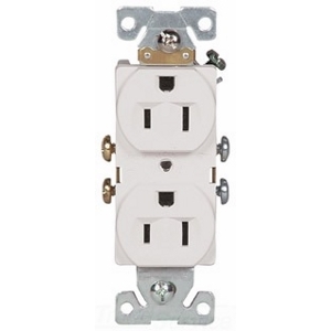 Eaton commercial specification grade duplex receptacle, #14-10 AWG, 15A, Commercial, Flush, 125V, Side wire, White, Brass, Nylon, 5-15R, Duplex, Screw, Nylon, ED Box