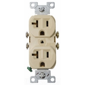 Eaton commercial specification grade duplex receptacle, #14-10 AWG, 20A, Commercial, Flush, 125V, Side wire, Ivory, Brass, Nylon, 5-20R, Duplex, Screw, Nylon, ED Box