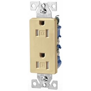 Eaton residential grade decorator duplex receptacle,#14-10 AWG,15A,Flush,125V,Side and push,Ivory,Brass,Impact-resistant thermoplastic face,PVC body,5-15R,2-pole,3-wire,Duplex,Screw,Thermoplastic,Tamper resistant,box pckg