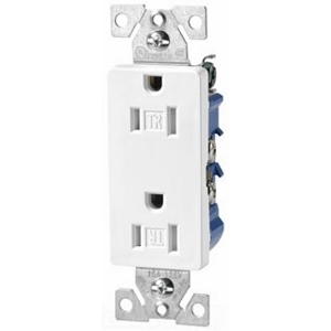 Eaton residential grade decorator duplex receptacle,#14-10 AWG,15A,Flush,125V,Side and push,White,Brass,Impact-resistant thermoplastic face,PVC body,5-15R,2-pole,3-wire,Duplex,Screw,Thermoplastic,Tamper resistant,box pckg