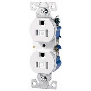 Eaton residential grade duplex receptacle, #14-10 AWG, 15A, Flush, 125V, Side and push, White, Brass, Impact-resistant thermoplastic face, PVC body, 5-15R, Two-pole, Three-wire, Duplex, Screw, Thermoplastic, Tamper resistant, auto-grounding