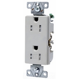 Eaton heavy-duty industrial specification grade decorator duplex receptacle, #14-10 AWG, 15A, Commercial, Flush, 125V, Back and side, White, Brass, Impact-resistant thermoplastic face and back body, 5-15R, Duplex, Screw, PVC, ED Box