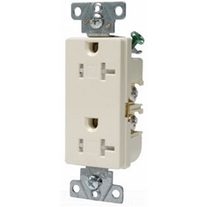 Eaton heavy-duty industrial specification grade decorator duplex receptacle, #14-10 AWG, 20A, Commercial, Flush, 125V, Back and side, Almond, Brass, Impact-resistant thermoplastic face and back body, 5-20R, Duplex, Screw, PVC, ED Box