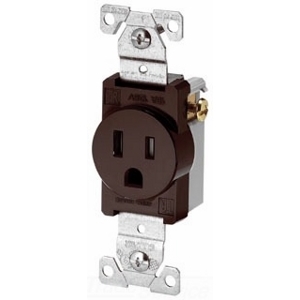 Eaton commercial specification grade single receptacle, #14-10 AWG, 15A, Commercial, Flush, 125V, Side wire, Brown, Brass, Impact-resistant thermoplastic face and back body, 5-15R, Single, Screw, PVC, ED Box