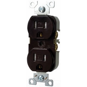 Eaton commercial specification grade duplex receptacle, #14-10 AWG, 15A, Commercial, Flush, 125V, Back and side, Brown, Brass, Impact-resistant nylon face, PVC body, 5-15R, Duplex, Screw, PVC, ED Box