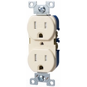 Eaton commercial specification grade duplex receptacle, #14-10 AWG, 15A, Commercial, Flush, 125V, Back and side, Light almond, Brass, Impact-resistant nylon face, PVC body, 5-15R, Duplex, Screw, PVC, ED Box