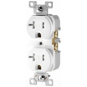 Eaton commercial specification grade duplex receptacle, #14-10 AWG, 20A, Commercial, Flush, 125V, Side wire, White, Brass, Impact-resistant nylon face, PVC body, 5-20R, Duplex, Screw, PVC, Core pack