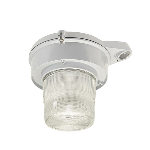 Appleton Industrial Mercmaster Low Profile Ordinary Location Lighting, Clear Glass Globe, Photocell, General Purpose Lighting, Standard: cULus, Wattage: Equivalent to 150W HPS/PSMH Watts, Voltage Rating: 120-277 VAC, Amperage Rating: .41-.20 AMPS, Lumens: 5000 Lumens, Power Sources: 120-277 VAC, Lamp Type: LED, Color: Painted Grey with 5700K CCT, Control: 208 V Photocontrol, Number of bulbs: 70, Size: 15.27x12.06x6.92 IN, Shape: Cylindrical, Avg Life: 60000 Hours, Mounting: Stanchion, 1-1/4 IN Hubs