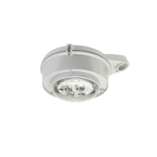 Appleton Industrial Mercmaster Low Profile Ordinary Location Lighting, Clear Glass Globe, Photocell, General Purpose Lighting, Standard: cULus, Wattage: Equivalent to 400W HPS/PSMH Watts, Voltage Rating: 120-277 VAC, Amperage Rating: .21-.10 AMPS, Lumens: 2500 Lumens, Power Sources: 120-277 VAC, Lamp Type: LED, Color: Painted Grey with 5700K CCT, Control: 208 V Photocontrol, Number of bulbs: 30, Size: 17.22x12.06x6.92 IN, Shape: Cylindrical, Avg Life: 60000 Hours, Mounting: Stanchion, 1-1/2 IN Hubs