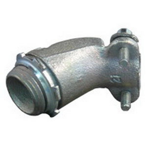 45 DEG Conduit Connector, Size: 1/2 IN, Connection: Armored Cable X Flexible Metal Conduit, Conductor Range: 0.81 - 0.94 IN, Material: Malleable Iron/Steel, Finish: Zinc Electroplate, Length: 1.69 IN, Width: 1-1/4 IN, Thread Length: 0.44 IN