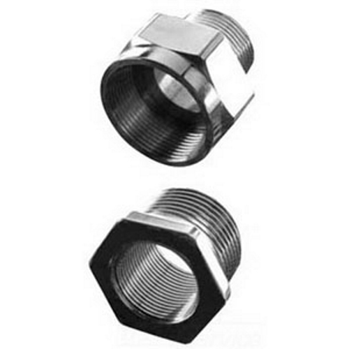 Cable Gland Adapter, Type Threaded, Large End Trade Size 3 Inch, Small End Trade Size M50, Material Nickel Plated Brass, Approval UL 886, CSA C22.2, CE, ATEX/IECEx, Used On Cable Gland, Application Hazardous Location, Constructional Feature Flameproof, Enclosure Type Class I Group A B C D Zone 1 AEx de II, IP66/IP68, Temperature Rating -60 to 100 Deg C