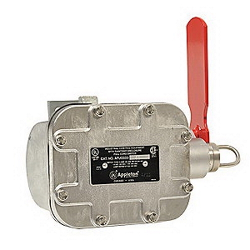 AFU Series Single End Right Emergency Cable Pull Switch, Material: Cast Aluminum Case, Enclosure: NEMA 3, 4, 4X, 12, Contact Configuration: NO/NC-DB, TCDB, Contact Rating: AC: 15 AMP At 120, 240, 480, 600 VAC, DC: 0.8 AMP At 115 VDC, 0.