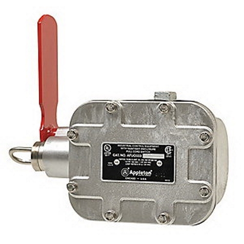 AFU Series Single End Left Emergency Cable Pull Switch, Material: Cast Aluminum Case, Enclosure: NEMA 3, 4, 4X, 12, Contact Configuration: NO/NC-DB, TCDB, Contact Rating: AC: 15 AMP At 120, 240, 480, 600 VAC, DC: 0.8 AMP At 115 VDC, 0.4
