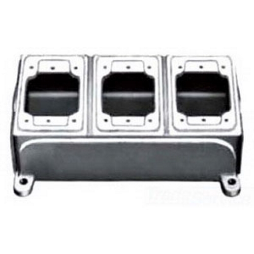 Cast Device Box, Height 5 Inch, Width 10.63 Inch, Depth 2.69 Inch, Capacity 98 Cu Inch, Number of Gangs 3, Material Epoxy Powder Coated Copper Free Aluminum, Shape Deep, Configuration Type FDB, Mounting Hardware (4) Lugs, Approval UL 514A, Application Wiring Device Such as Switch and Receptacle, Rough Usage, Serve as Pull Box for Conductor, Used On Threaded Rigid Metal Conduit, Inclusion Internal Ground Screw, Hub Type Brazed Threaded, Opening Type 1/2 to 1-1/2
