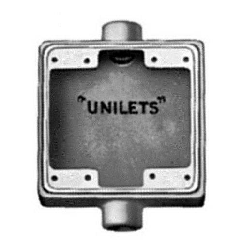 UNILETS FDC Deep Depth 2-Gang Cast Device Box, Number Of Outlet: 2, Material: Malleable Iron, Size: 1/2 IN, Cable Entry: (2) 1/2 IN Hub, Cubic Capacity: 45 CU-IN, Knockouts: No, Height: 4.63 IN, Width: 4.63 IN, Depth: 2.69 IN, Finish: Triple-Coat (Zinc Electroplate, Chromate And Epoxy Powder Coat), Standard: UL 514 A, UL File Number E2527, CSA C22.2 No. 18.1, CSA 001472 Certified, NEMA FB-1, For Use With Threaded Metal Conduit And IMC