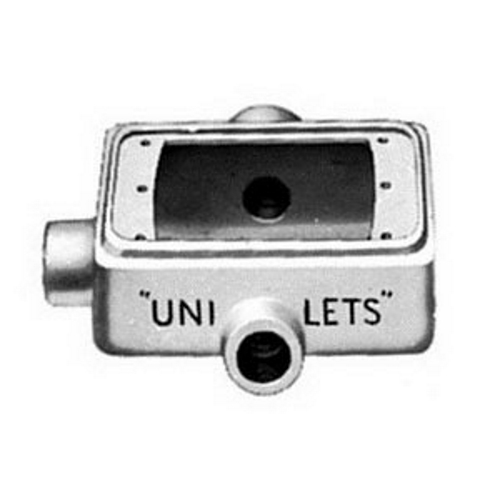 UNILETS FST Shallow Depth 1-Gang Cast Device Box, Number Of Outlet: 3, Material: Malleable Iron, Size: 3/4 IN, Cable Entry: (3) 3/4 IN Hub, Cubic Capacity: 25 CU-IN, Knockouts: No, Height: 4.56 IN, Width: 2.81 IN, Depth: 2 IN, Finish: Triple-Coat (Zinc Electroplate, Chromate And Epoxy Powder Coat), Standard: UL 514 A, UL File Number E2527, CSA C22.2 No. 18.1, CSA 001472 Certified, NEMA FB-1, For Use With Threaded Metal Conduit And IMC
