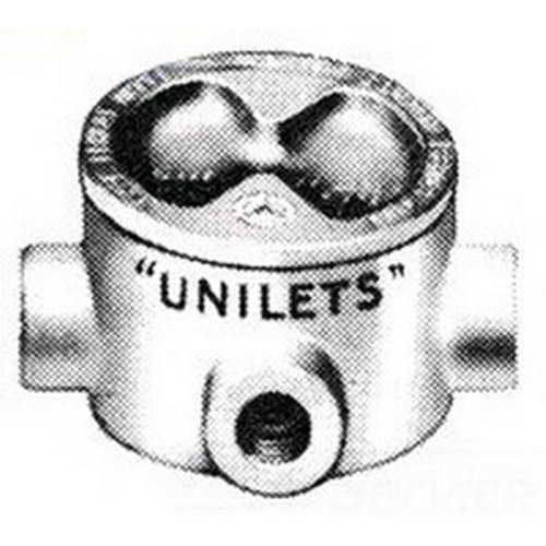 UNILETS Outlet Box, Number Of Outlet: 3, Material: Malleable Iron, Size: 1/2 IN, Cable Entry: (3) 1/2 IN GRHT Hub, Cubic Capacity: 13.8 CU-IN, Knockouts: No, Cover Opening: 3.38 IN, Height: 3-3/4 IN, Width: 3-3/4 IN, Depth: 1.63 IN, Nema R