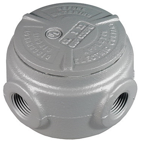 UNILETS Universal Outlet Box, Number Of Outlet: 5, Material: Malleable Iron, Size: 1/2 IN, Cable Entry: (5) 1/2 IN GRJS Hub, Cubic Capacity: 7.3 CU-IN, Knockouts: No, Cover Opening: 2.56 IN, Height: 3-3/4 IN, Width: 3-3/4 IN, Depth: 1.94 I