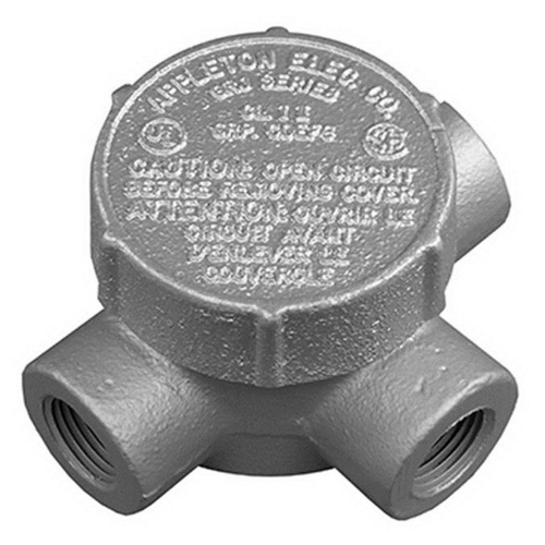 UNILETS Outlet Box, Number Of Outlet: 3, Material: Malleable Iron, Size: 1/2 IN, Cable Entry: (3) 1/2 IN GRJT Hub, Cubic Capacity: 7.3 CU-IN, Knockouts: No, Cover Opening: 2.13 IN, Height: 2.88 IN, Width: 2.88 IN, Depth: 2.06 IN, Finish: T