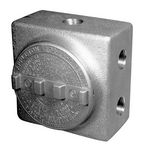 UNILETS GRSS Outlet Box, Number Of Outlet: 7, Material: Copperfree (4/10 Of 1 PCT Maximum) Aluminum, Size: 1/2 IN, Cable Entry: (7) 1/2 IN Hub, Cubic Capacity: 29 CU-IN, Knockouts: No, Cover Opening: 3.38 IN, Height: 4.63 IN, Width: 4.63 I